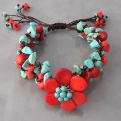 Handmade Red Coral Flower Stone Organic Pull Bracelet (Thailand)