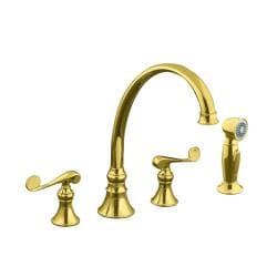 Kohler K-16109-4-PB Vibrant Polished Brass Revival Kitchen Sink Faucet With 9-3/16 Spout, Sidespray And Scroll Lever Handles