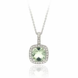 Sterling Silver Green Amethyst and Diamond Accent Square Necklace