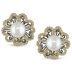 14k Gold Pearl and 3/5ct TDW Diamond Earrings (8-8.5 mm) (Brown, I1-I2)