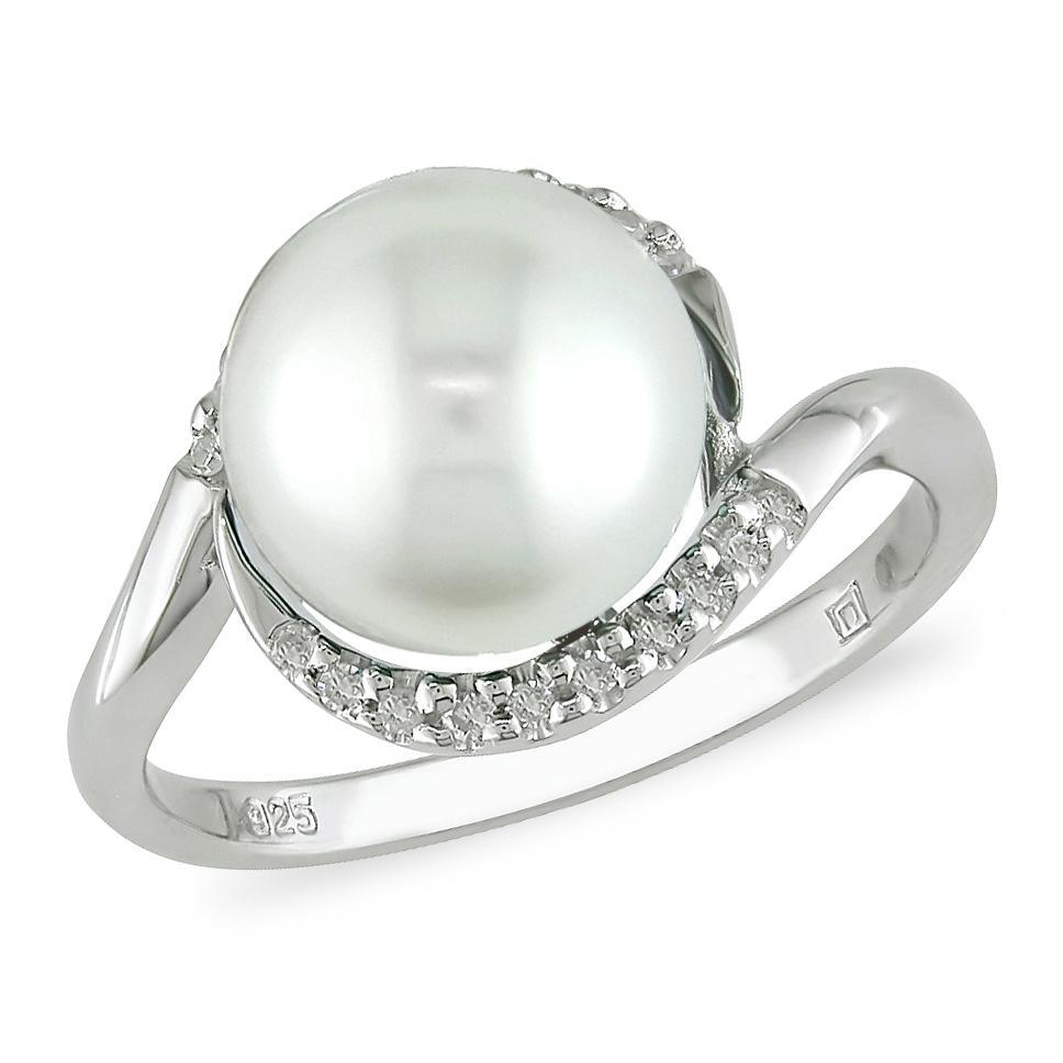 Sterling Silver 1/10ct TDW Diamond FW Pearl Ring (9-10 mm)