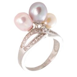 Silver Multi-colored Pearl and White Topaz Ring (6-7mm)