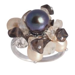 Sterling Silver Pearl, Citrine and Smokey Quartz Ring (6-9.5 mm)
