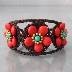 Cotton and Brass Triple Flower Coral Adjustable Cuff Bracelet (Thailand)