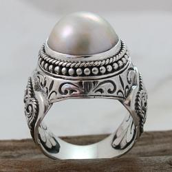 Sterling Silver Filigree Round Mabe Pearl Dome Ring (14mm) (Indonesia)