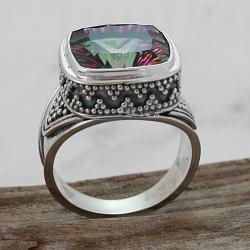 Sterling Silver Square Mystic Fire Topaz Beaded Mount Ring (Indonesia)