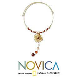 Stainless Steel 'Flower of Love' Pearl Citrine Carnelian Necklace (Thailand)