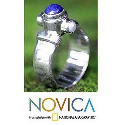 Sterling Silver 'Trio' Freshwater Pearl Lapis Ring (3mm) (Indonesia)