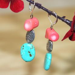Silverplated Dodge City Turquoise and Reef Coral Earrings