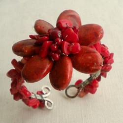 Red Coral Floral Beaded Organic Cuff Bracelet (Thailand)