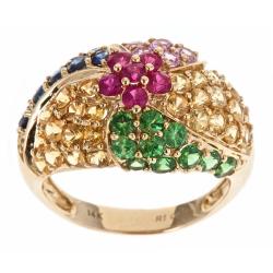 14k Yellow Gold Ruby, Tsavorite and Multi-colored Sapphire Ring
