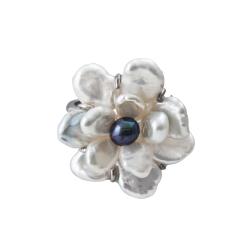 Sterling Silver White Keshi and Black Freshwater Pearl Flower Ring (6-10mm)