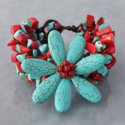 Cotton Iconic Flower Coral/ Reconstructed Turquoise Bracelet (Thailand)