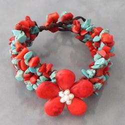 Cotton Rope Turquoise/ Coral/ Pearl Flower Bracelet (4-5mm) (Thailand)