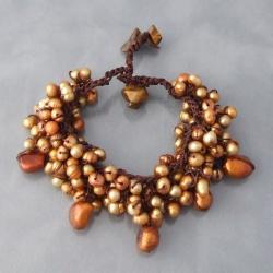 Cotton Tiger's Eye and Gold Pearl Dangle Bracelet (4-9mm) (Thailand)