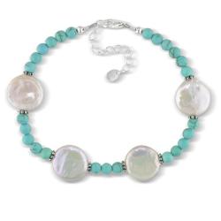Sterling Silver White Coin Pearl and Turquoise Bracelet (12-15mm)
