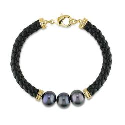 Goldtone Black Pearl and Black Leather Bracelet (9-10mm)