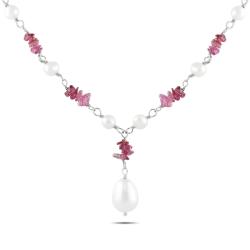 Sterling Silver Pink Tourmaline and FW White Pearl Necklace (4-9mm)