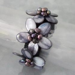Black Mother of Pearl Cotton Rope Floral Trio Bracelet (Thailand)