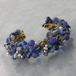 Goldtone Ocean Blue Beauty Lapis Lazuli Mesh Cuff Bracelet (Thailand)
