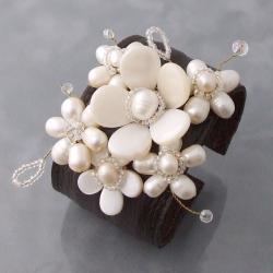 Mother of Pearl and Pearl Floral Blossom Leather Cuff Bracelet