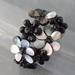 Silvertone Black Mother of Pearl and Onyx Floral Cuff Bracelet (Thailand)