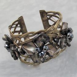 Silver Black Mother of Pearl Floral Cuff Bracelet