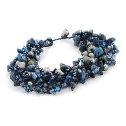 Cotton Rope Lapis and Black Pearl Toggle Bracelet (5-6mm) (Thailand)