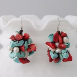 Silver Turquoise, Coral and Pearl Cluster Earrings (Thailand)