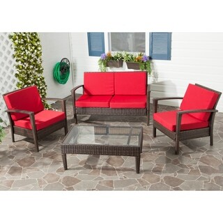 Outdoor Living Brown PE Wicker Red Cushion Glass Top 4-piece Patio Set