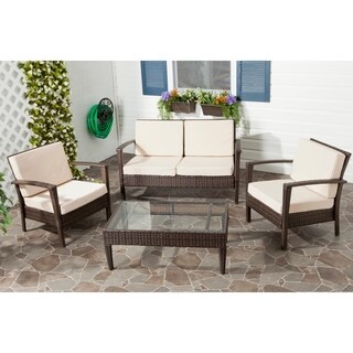 Outdoor Living Brown PE Wicker Beige Cushion Glass Top 4-piece Patio Set