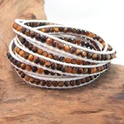 Mini Brown Tiger's Eye Facets White Leather Wrap Bracelet (Thailand)