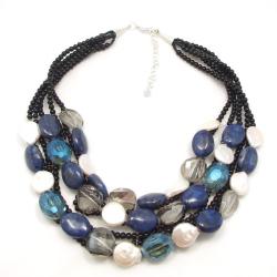 Fashionable Blue Lapis-Freshwater Coin Pearl Cascade Necklace (Necklace)