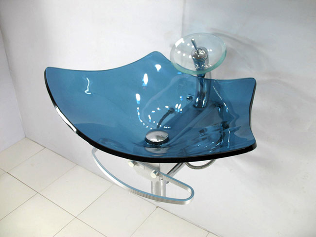 Contemporary Wall-mount Waterfall Blue Sink Vanity