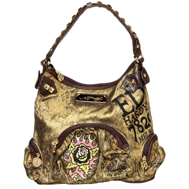 Ed Hardy Brown Mouche Coated Canvas Shoulder Bag