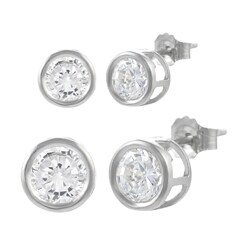 Sterling Silver Bezel Solitaire CZ Earring Set (Pair of 2)