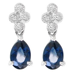 14k Gold Blue Sapphire Diamond Oval Drop Earrings