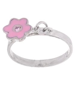 Sterling Silver Pink CZ Flower Charm Ring (Size 7)