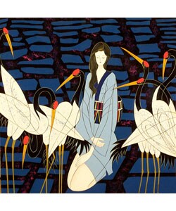 ""Woman with Cranes"" Lacquer Painting (Vietnam)