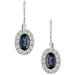 14k Gold 1/8ct Diamond and Blue Sapphire Oval Drop Earrings