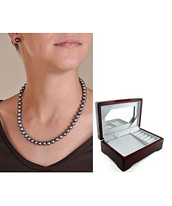 14k Gold Cultured Black Pearl Necklace/ Earring Set (8-9 mm/ 18 in)