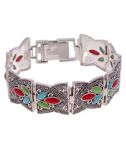 Sterling Silver Marcasite Turquoise and Coral 7/8-inch Bracelet