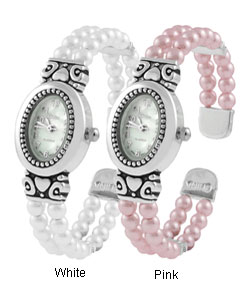 Geneva Platinum Faux Pearl Bangle Fashion Watch