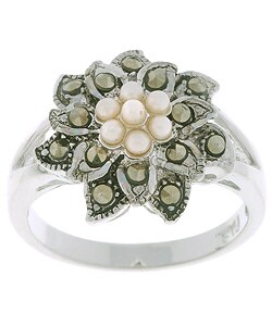 Sterling Silver Marcasite Floral Pearl Ring