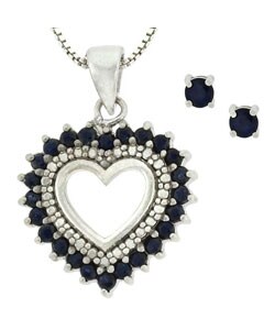 Sterling Silver Sapphire Heart Pendant and Earring Set