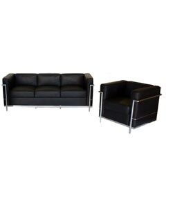 LC Black Leather Sofa & Chair Set