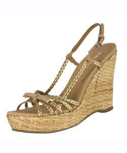 Prada Gold Leather Braided Strap Wedge Sandals