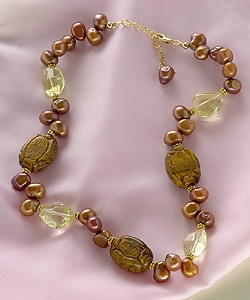 Exotic Tiger's Eye, Lemon Quartz and Pearl Necklace (USA)