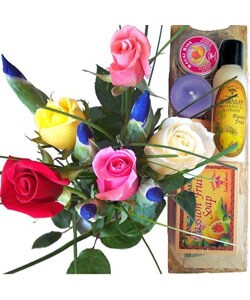 Rose Iris Bouqet and Bamboo Bath Set