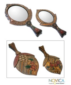 Pair of Exotic Tulips Wooden Batik Hand Mirrors (Indonesia)
